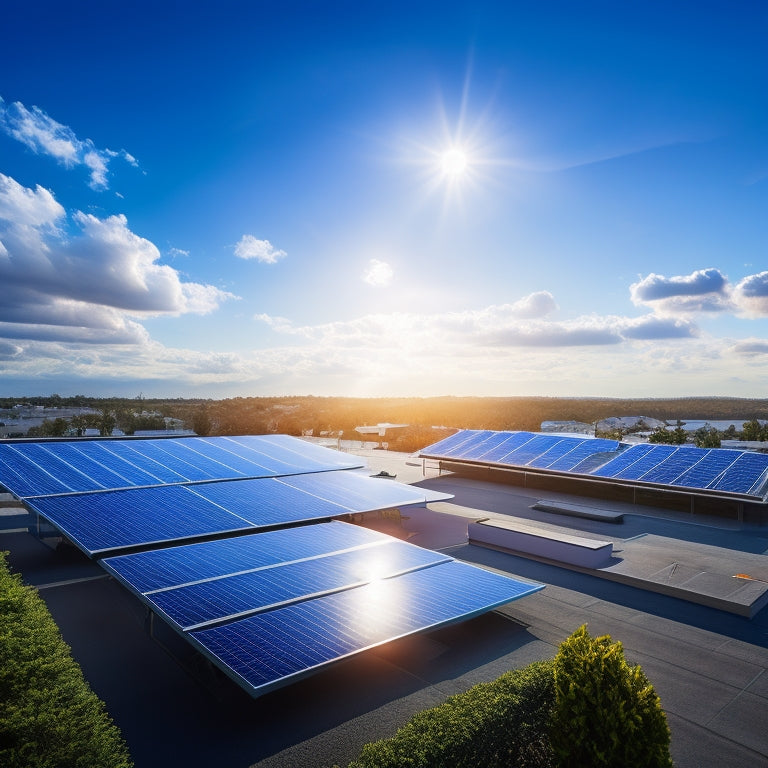 Create an image of a rooftop covered in solar panels with a clear blue sky, a shining sun, and a small business building in the background. Show energy savings through glowing, dollar-sign shaped light trails.