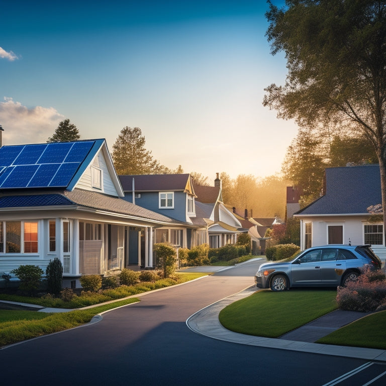 A serene residential street with a bright blue sky, lined with houses featuring sleek solar panels on rooftops, and electric vehicles parked in driveways, with a subtle glow emanating from the panels.