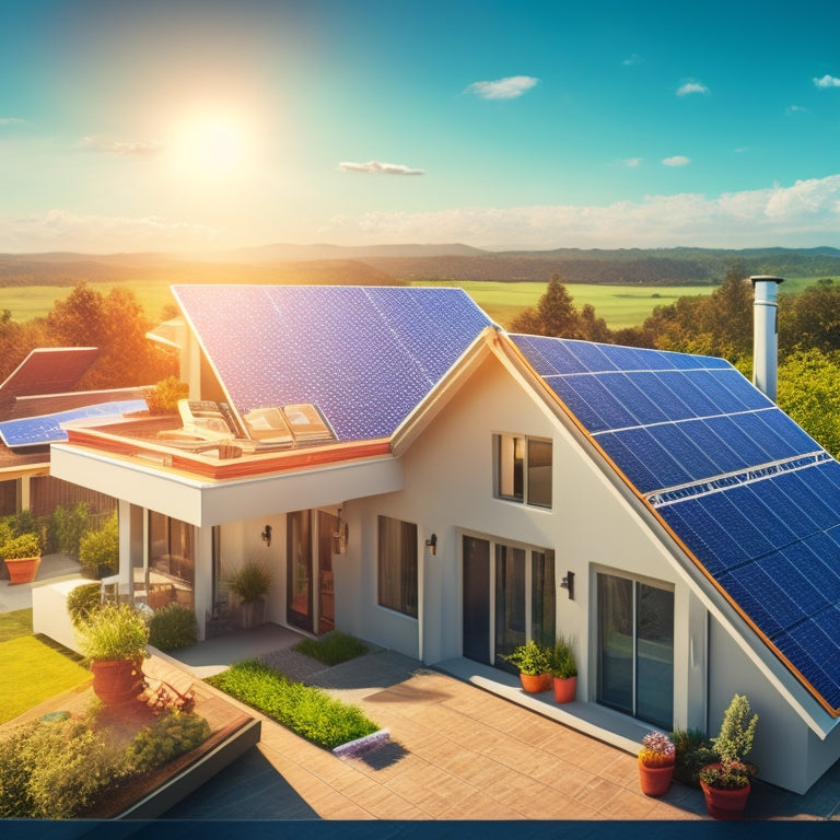 An illustration of a residential rooftop with solar panels, a measuring tape wrapping around it, and a subtle background with icons of a house, money, and a sunny sky.