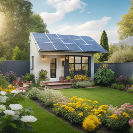A serene backyard with a modern house, lush greenery, and a sleek solar panel array on the roof, connected to a compact inverter and battery pack, surrounded by blooming flowers.
