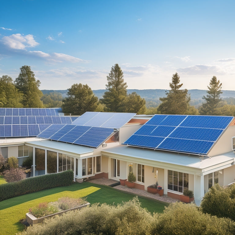 A serene suburban rooftop with three different types of photovoltaic panels installed, each with distinct frame colors and module arrangements, amidst a backdrop of clear blue sky and lush green trees.