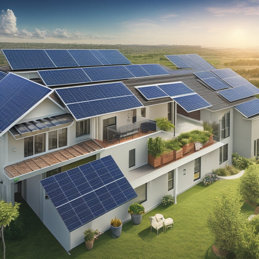 An illustration of a residential rooftop with various solar panels of different sizes, efficiencies, and mounting systems, surrounded by icons representing installation costs, labor costs, and government incentives.