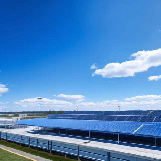 A bright blue sky with fluffy white clouds, a modern commercial building in the foreground with solar panels installed on the rooftop, and a laptop in the corner with a digital shopping cart icon on the screen.