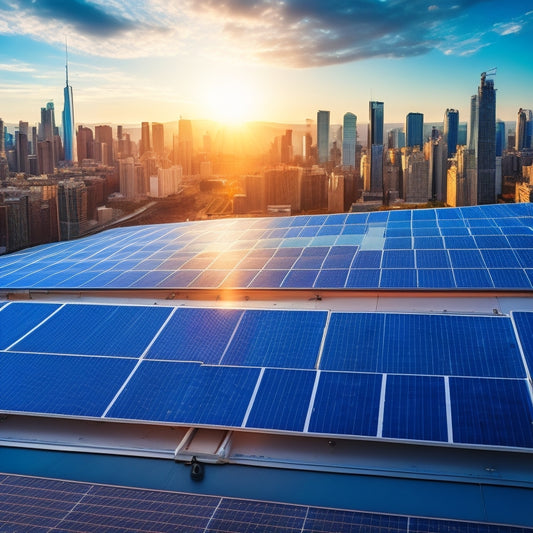 An overhead view of a commercial rooftop with multiple rows of solar panels in shades of blue and silver, surrounded by a cityscape with skyscrapers and buildings in the background.