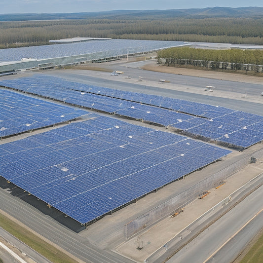 An aerial view of a large commercial building rooftop with various solar panel arrays of different sizes, including 250-300W, 300-350W, and 400-450W, installed in neat rows and columns.