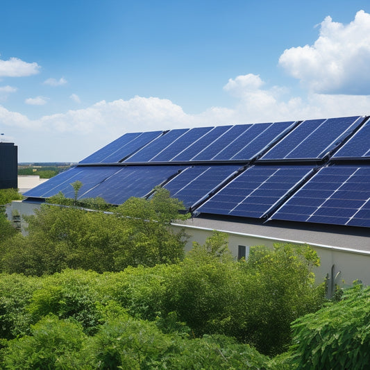 A sunny day with a commercial building in the background, rooftop covered in sleek black solar panels, surrounded by lush greenery and a bright blue sky with a few puffy white clouds.