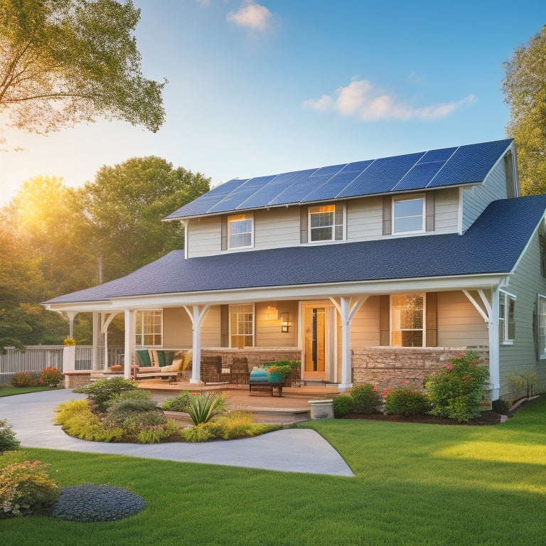 A serene suburban home with a mix of sunny and shaded areas, featuring a partially installed solar panel array on the roof, with a ladder and toolbox nearby.
