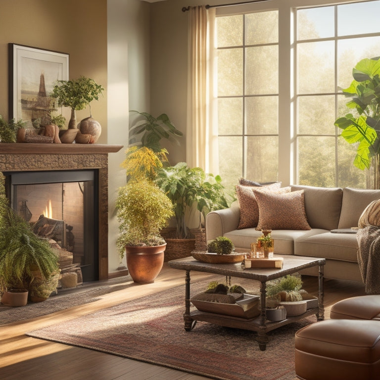 A cozy living room with sunlight streaming through energy-efficient windows, a thermostat displaying a low temperature, potted plants, and an inviting fireplace, all surrounded by soft, warm colors suggesting comfort and energy savings.