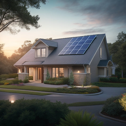 A serene suburban home with a solar roof, surrounded by lush greenery, with a subtle glow effect on the roof tiles, and a faint dollar sign pattern in the sky.