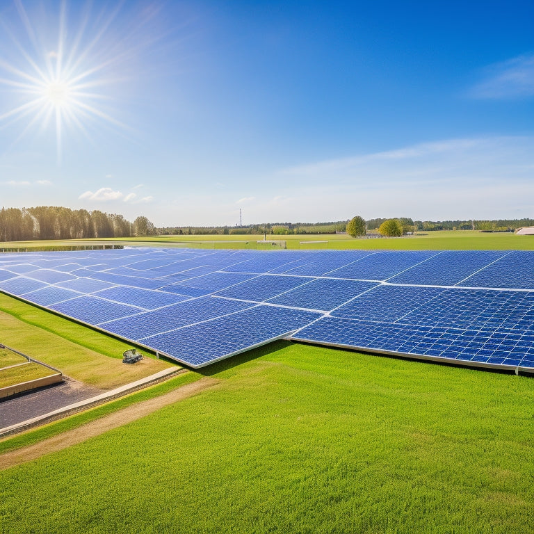 A vibrant solar farm with gleaming panels under a bright blue sky, surrounded by thriving green fields and a modern eco-friendly business building, illustrating harmony between renewable energy and sustainable commerce.