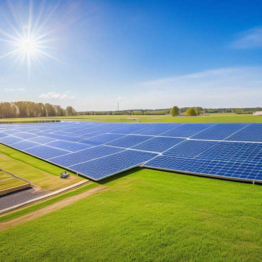 A vibrant solar farm with gleaming panels under a bright blue sky, surrounded by thriving green fields and a modern eco-friendly business building, illustrating harmony between renewable energy and sustainable commerce.