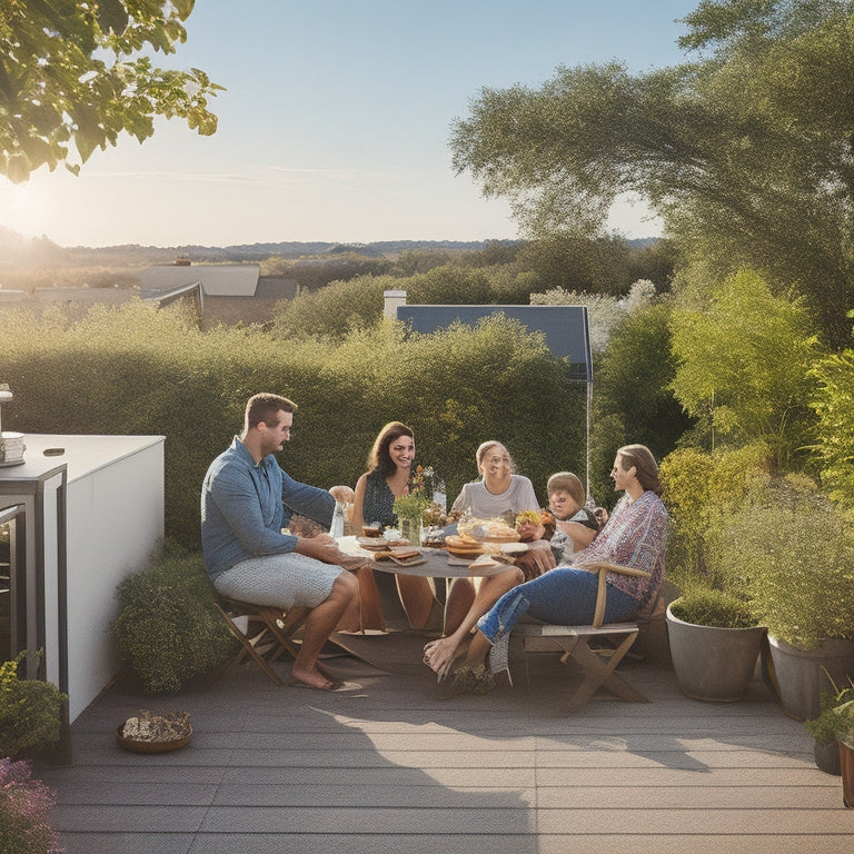 A sun-drenched rooftop adorned with sleek solar panels, surrounded by lush greenery, with a clear blue sky overhead. Nearby, a family enjoys a picnic, embodying sustainable living and energy independence.