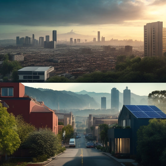 A split-screen image: a dark, polluted cityscape on the left, with smog-filled air and dimly lit buildings, versus a bright, eco-friendly neighborhood on the right, with solar panels on rooftops and lush greenery.