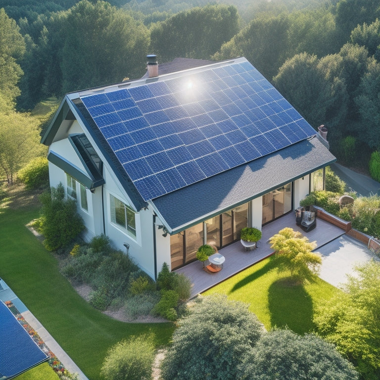 Aerial view of a single-story suburban home with a pitched roof, surrounded by lush greenery, showcasing solar panels installed on the rooftop, with a ladder and toolbox nearby, and a worker in the process of securing a panel.