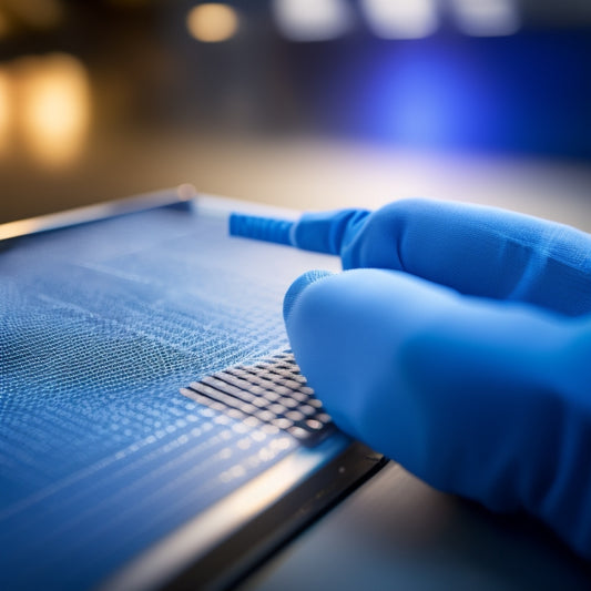 A close-up of a technician's hands, gloved and holding a soft-bristled brush, gently sweeping away dust and debris from a photovoltaic cell's surface, with a shimmering clean panel in the background.