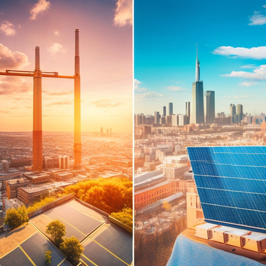 A split-screen image with a sunny sky and a cityscape on one side, and a factory producing solar panels on the other, with arrows and gears connecting them, surrounded by icons of money, government buildings, and natural resources.