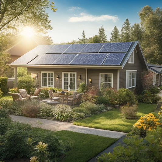 A sunlit suburban home with solar panels on the roof, surrounded by lush greenery. A family plants flowers in the yard, symbolizing growth, while a calculator and tax documents rest on a nearby garden table.