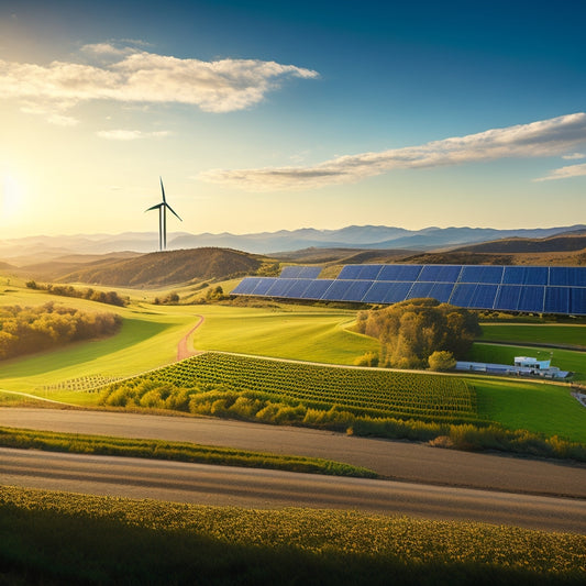 A serene landscape featuring solar panels glistening in the sunlight, surrounded by rolling green hills. In the background, a diverse community powered by renewable energy, with wind turbines gently turning under a bright blue sky.