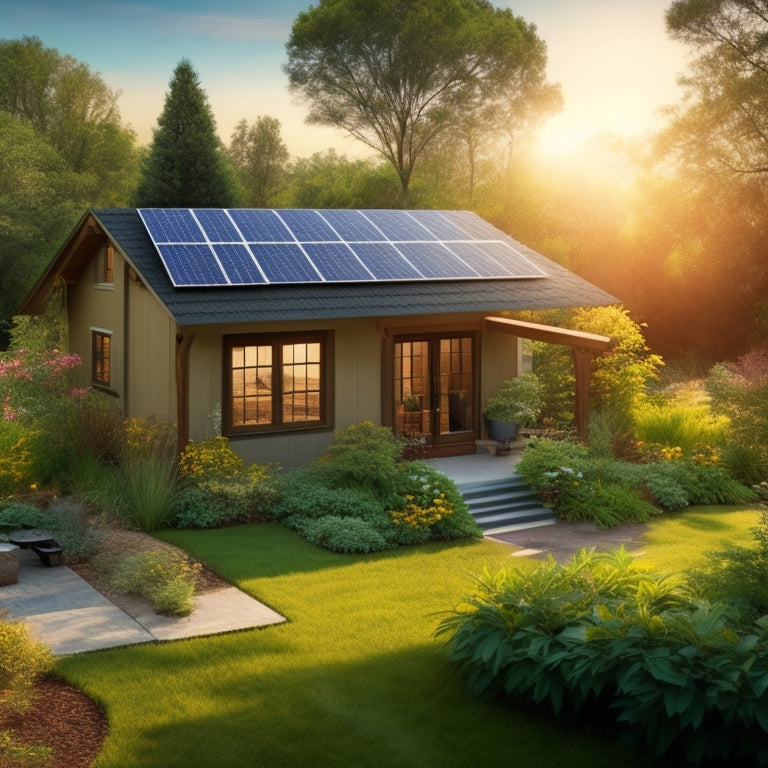 Illustrate a serene backyard with a residential solar panel system installed on a roof, surrounded by lush greenery, with a subtle sun shining down and a faint grid of electrical wires in the background.