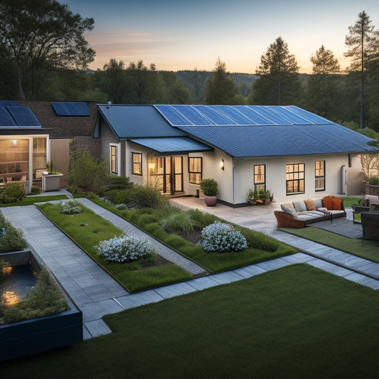 A serene backyard with a small, modern house, a solar panel array (5-7 panels) installed on the roof, and a few solar-powered gadgets (e.g., outdoor lights, a water feature) scattered around the yard.