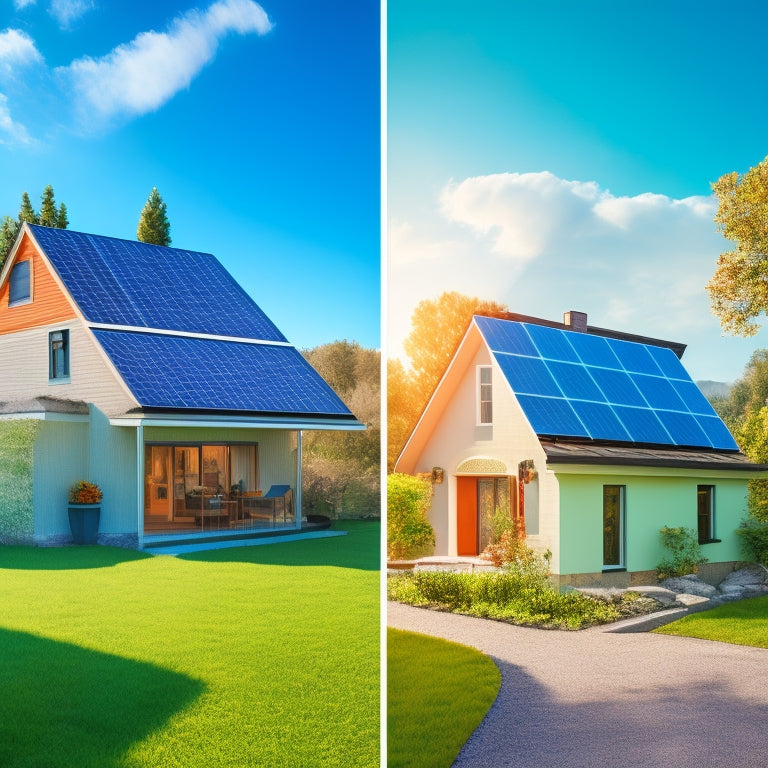 A split image: one side shows a dilapidated house with broken, cheap solar panels; the other side showcases a modern home with high-quality solar panels gleaming under the sun, with lush greenery and a clear blue sky.