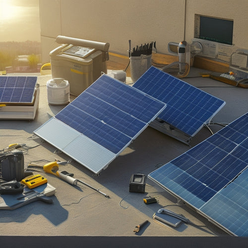 A split-screen image featuring a solar panel installation on a rooftop on one side and a table with various tools, wires, and components on the other, surrounded by scattered blueprints and calculators.