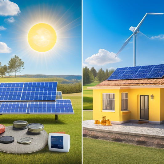 A split-screen image: a sunny landscape with solar panels on the left, and a detailed illustration of a wallet with coins and bills spilling out on the right, surrounded by miniature icons of a house, electricity meter, and installation tools.