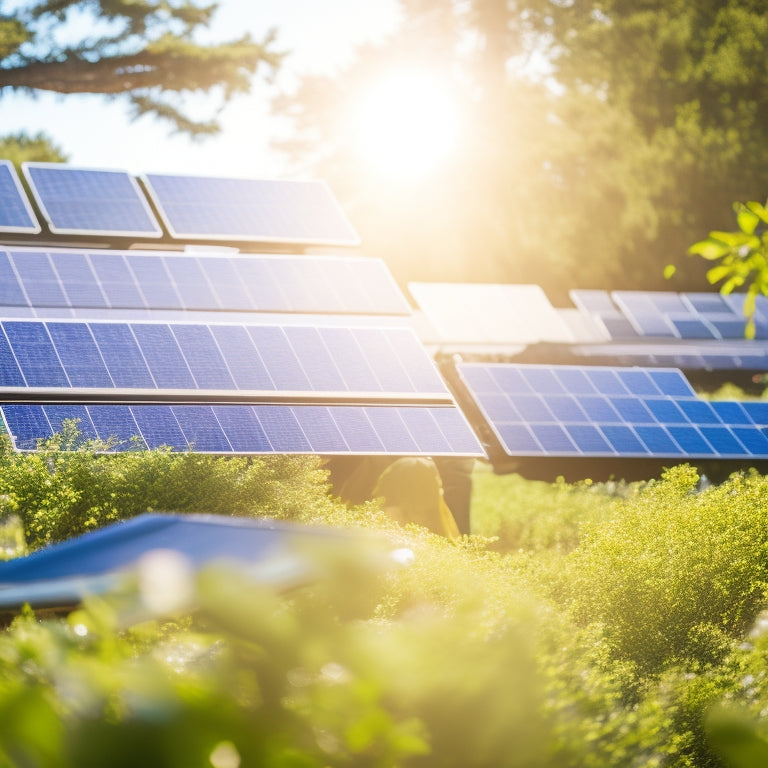 A close-up of clean, well-maintained solar panels glistening under the bright sun, surrounded by lush greenery, with a technician in the background performing maintenance using professional tools.