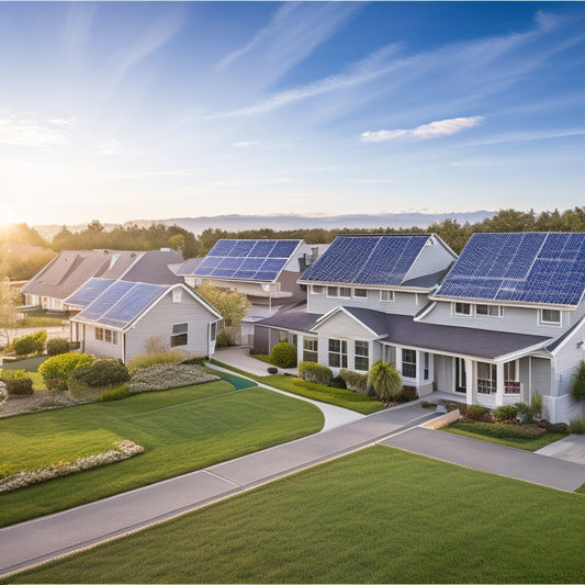 A serene suburban landscape with 5 houses, each with a differently sized solar panel installation, varying shading patterns, and distinct roof angles, set against a bright blue sky with a few wispy clouds.