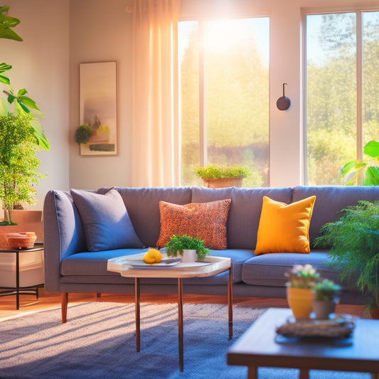 A cozy living room with a smart thermostat, energy-efficient appliances, and a digital home energy monitor displaying colorful graphs, surrounded by sunlight streaming through large windows, plants, and a comfortable sofa.