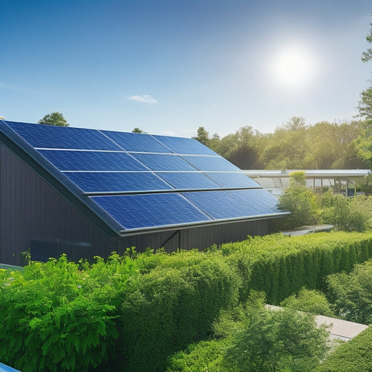 A sunlit rooftop adorned with sleek solar panels, seamlessly integrated with a modern battery storage system, surrounded by lush greenery and a bright blue sky, illustrating harmony between technology and nature.