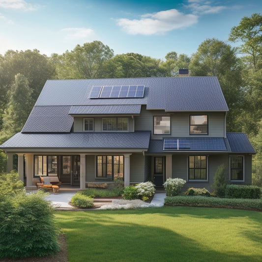 A serene, sun-kissed suburban house with a mix of slate-gray and earthy-brown roof tiles, surrounded by lush greenery, with a few solar panels installed on the south-facing side.