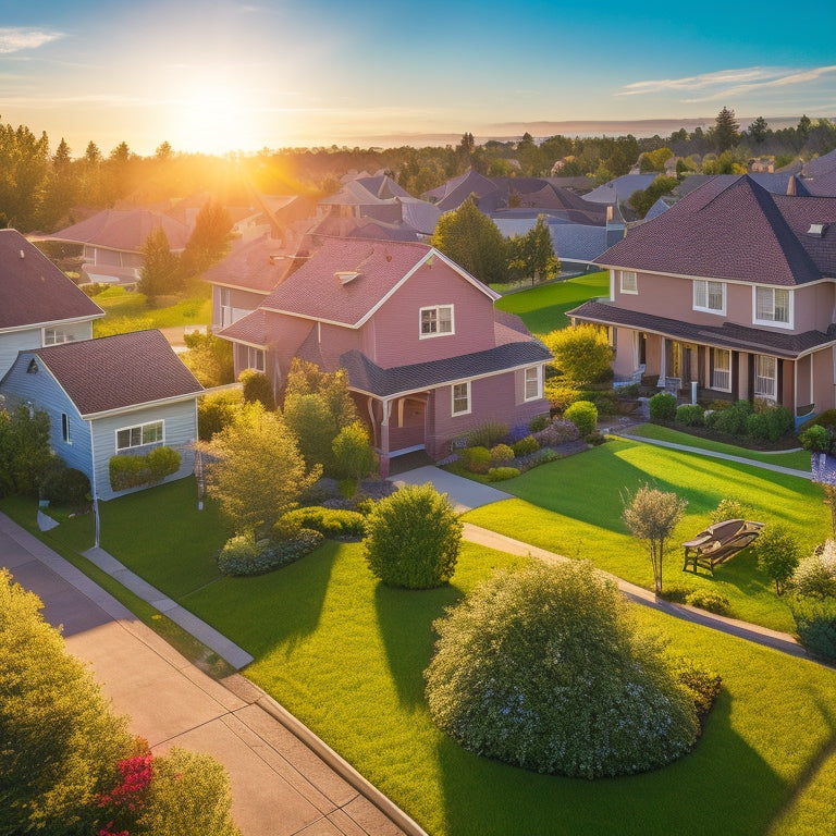 A sunlit suburban neighborhood, featuring rooftops adorned with solar panels, lush green lawns, and happy homeowners discussing benefits, with a bright blue sky and a glowing sun illuminating the scene.