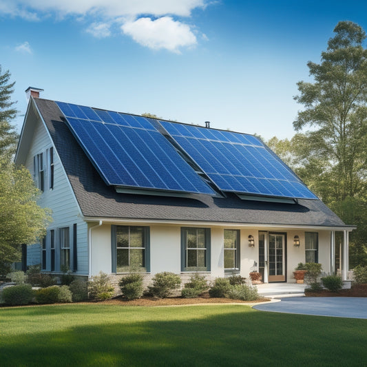 A serene suburban home with a bright blue sky, surrounded by lush green trees, featuring a newly installed solar panel system on the roof, with a few panels slightly angled.