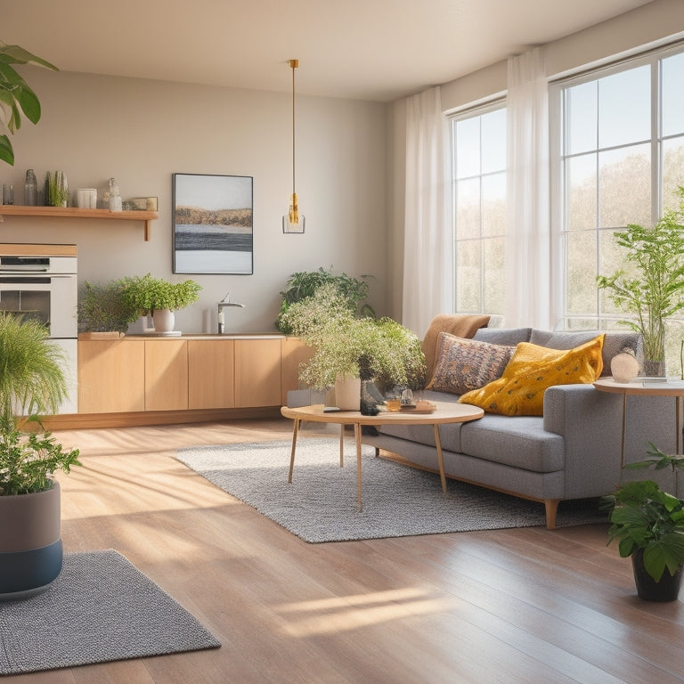 A cozy, modern living room with solar panels visible through large windows, energy-efficient appliances in the kitchen, potted plants, and a smart thermostat on the wall, all bathed in warm, natural light.