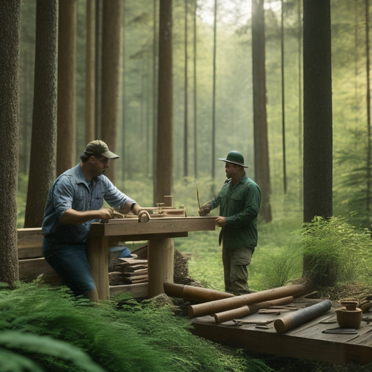 A serene forest scene showcasing diverse sustainable wood species like bamboo, reclaimed oak, and cedar, with builders examining timber samples, surrounded by lush greenery and eco-friendly tools, emphasizing harmony with nature.