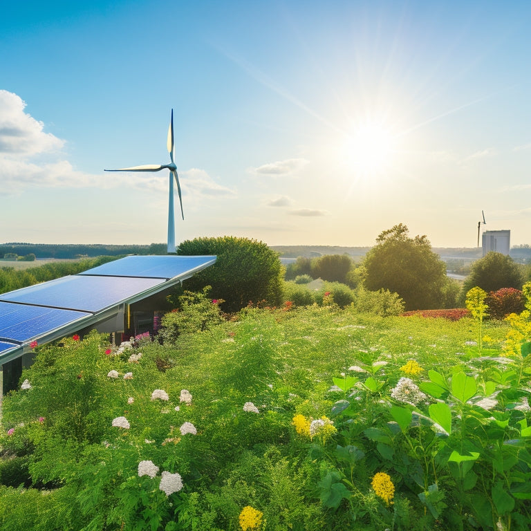 A sunlit rooftop adorned with sleek solar panels, surrounded by lush greenery and vibrant flowers, with a clear blue sky overhead and a distant wind turbine visible on the horizon, showcasing sustainable energy harmony.