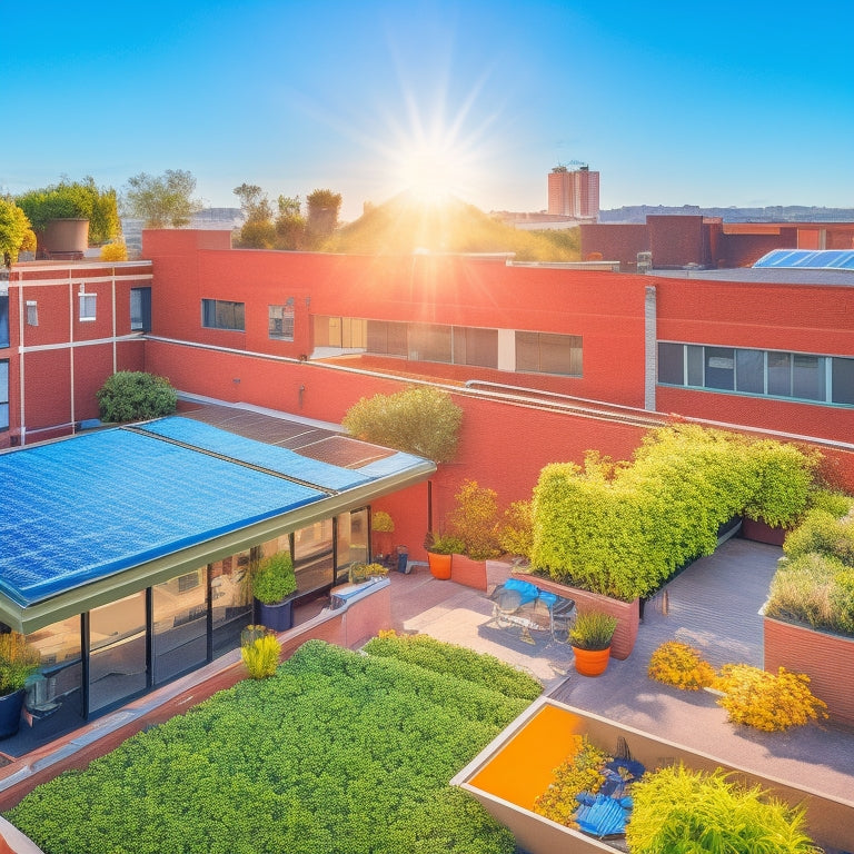 A vibrant rooftop adorned with solar panels, surrounded by small businesses with green facades, lush plants, and eco-friendly signage. Bright sunlight illuminates the scene, showcasing a clear blue sky and a thriving community.