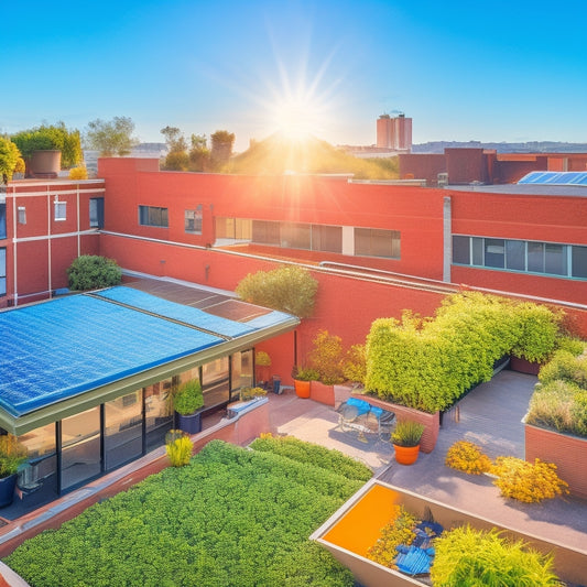 A vibrant rooftop adorned with solar panels, surrounded by small businesses with green facades, lush plants, and eco-friendly signage. Bright sunlight illuminates the scene, showcasing a clear blue sky and a thriving community.