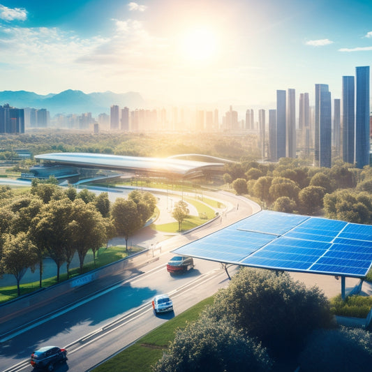 A futuristic cityscape with sleek solar panels integrated into buildings, vibrant green parks, drones harvesting sunlight, and electric vehicles charging at solar stations under a bright blue sky, showcasing innovation and sustainability.