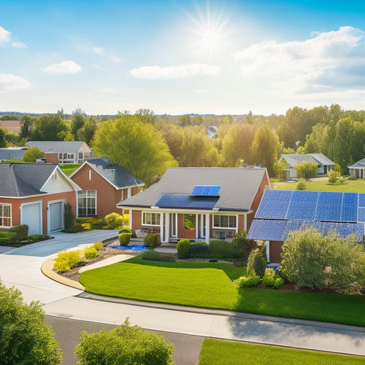 A serene suburban neighborhood with a mix of modern and traditional homes, each with solar panels on rooftops, surrounded by lush greenery and a bright blue sky with a few fluffy white clouds.