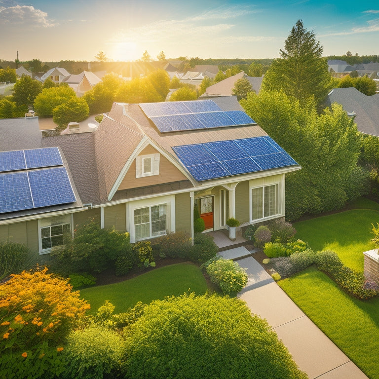 A sunny suburban neighborhood with rooftops adorned with solar panels, vibrant gardens, and happy homeowners discussing energy savings. Bright sunlight illuminates the scene, emphasizing green technology and sustainable living.