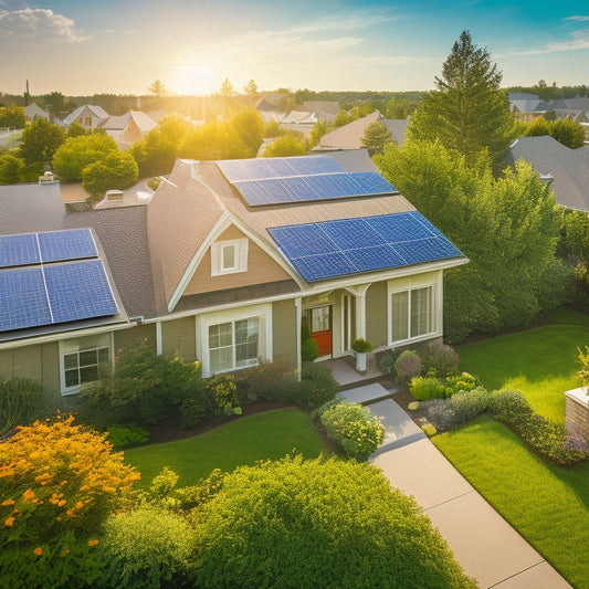 A sunny suburban neighborhood with rooftops adorned with solar panels, vibrant gardens, and happy homeowners discussing energy savings. Bright sunlight illuminates the scene, emphasizing green technology and sustainable living.