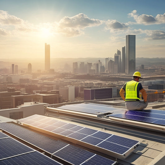 A photorealistic image of a commercial rooftop with rows of solar panels, one of which is being repaired by a technician in a yellow hard hat and orange vest, with a cityscape in the background.