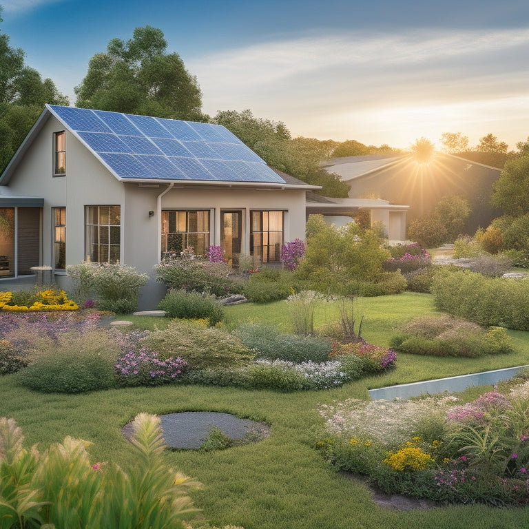 A serene eco-friendly home surrounded by solar panels and wind turbines, lush greenery, a rainwater collection system, and vibrant flower gardens, showcasing harmony between nature and renewable energy technologies.