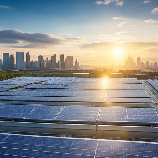 A sleek array of modern solar panels in a sunlit industrial rooftop setting, with cityscape in the background, showcasing efficient energy harnessing for businesses.