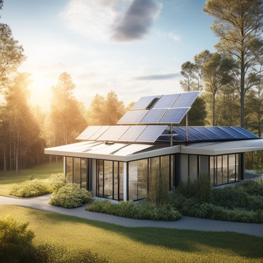 A modern eco-friendly building with solar panels on the roof, surrounded by lush greenery, featuring large windows, and a blue sky with fluffy clouds reflecting the sunlight, showcasing a harmonious blend of nature and technology.