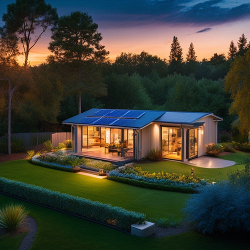 A serene suburban backyard featuring a sleek solar panel array, a modern battery storage unit, and an illuminated home at dusk, surrounded by lush greenery, symbolizing resilience and sustainable energy during a power outage.