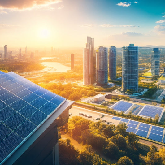 A futuristic city skyline with sleek solar panels integrated into buildings, vibrant greenery, and drones managing energy flow, all under a bright blue sky, showcasing advanced solar technology and its energy-saving potential.