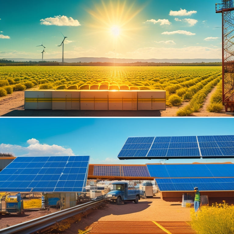 A split-screen image: a sunny landscape with a few scattered solar panels, contrasted with a cluttered warehouse overflowing with stacked panels, tangled wires, and busy workers in the background.